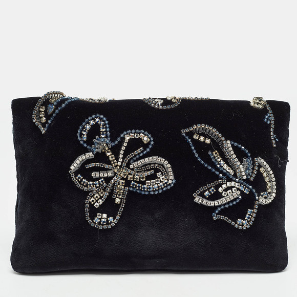 PRADA Black Velvet Crystals Embellished Fold Over Clutch - Picture 4 of 8